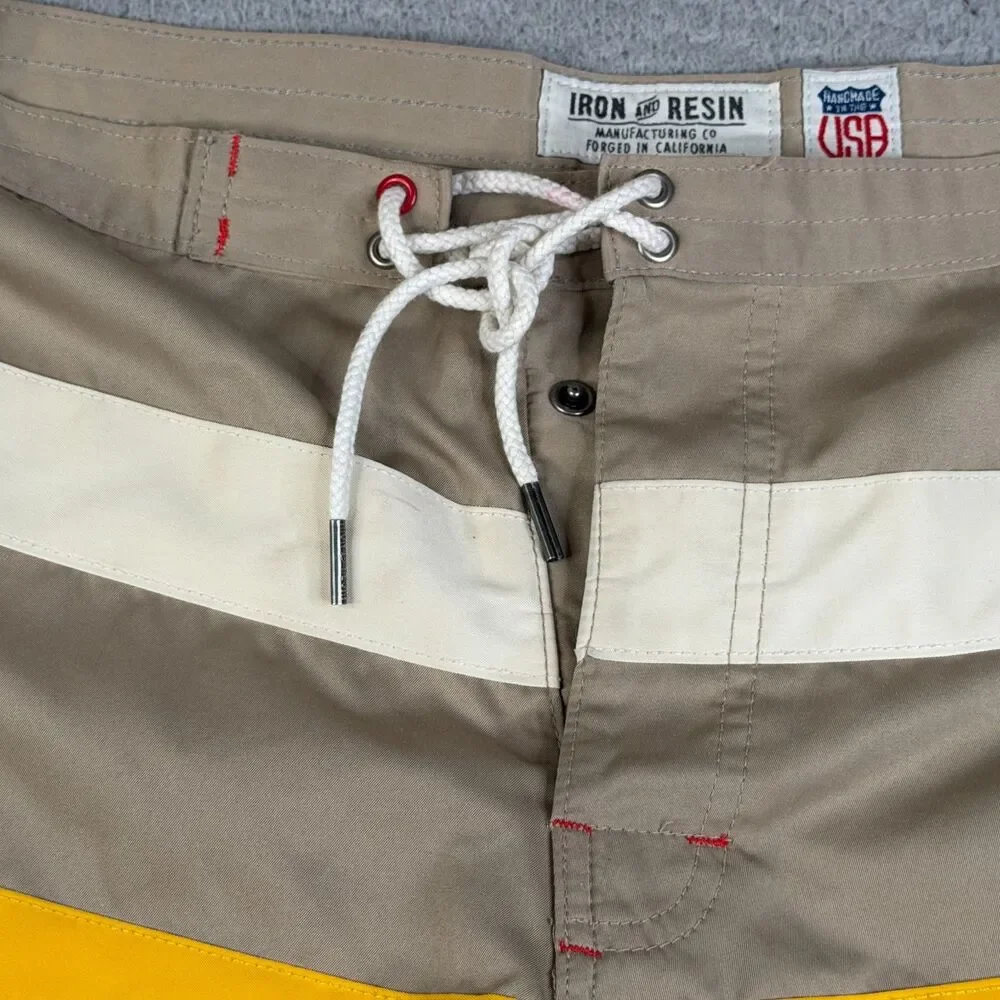 IRON & RESIN Swim Trunks Men 30 Khaki Blue Striped Board Shorts Surf 8